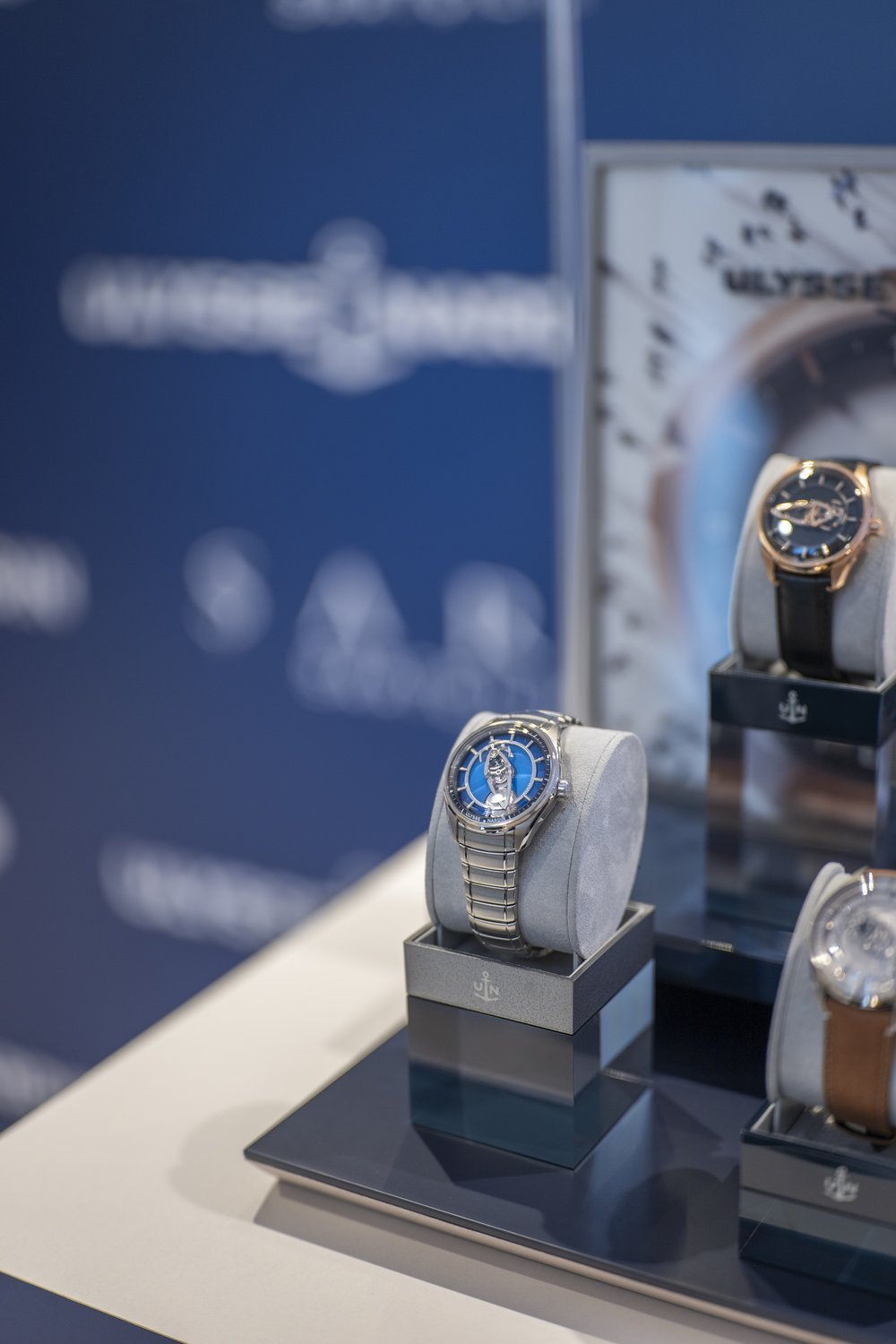 Blue-dial and rose gold Freak models on display